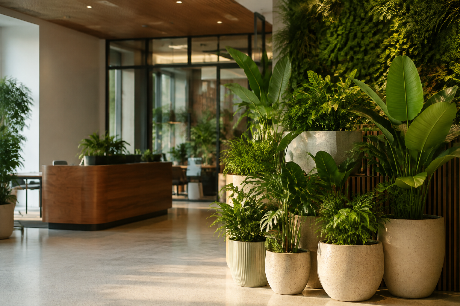 A modern office filled with healthy indoor plants